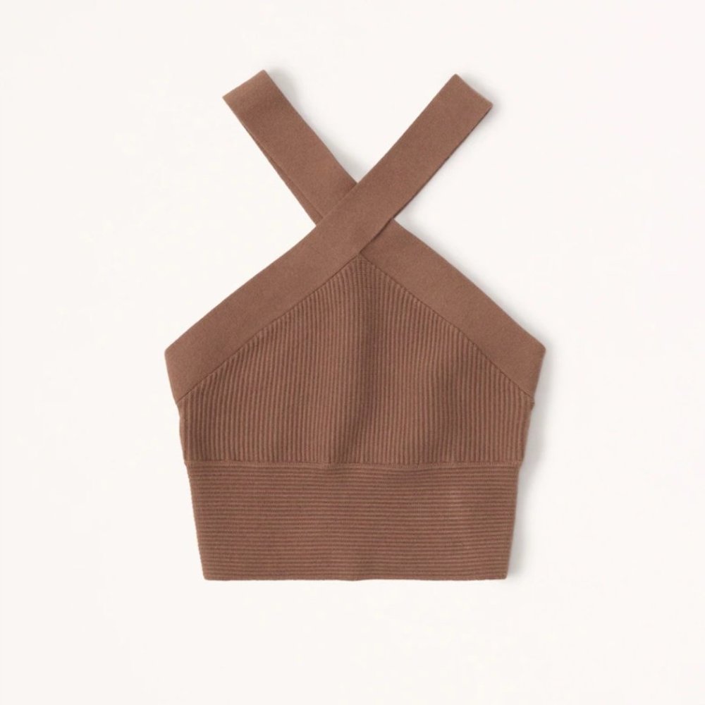 Abercrombie XXS Ottoman Rib Twist Cross Halter Tank Aritzia Dupe Brown